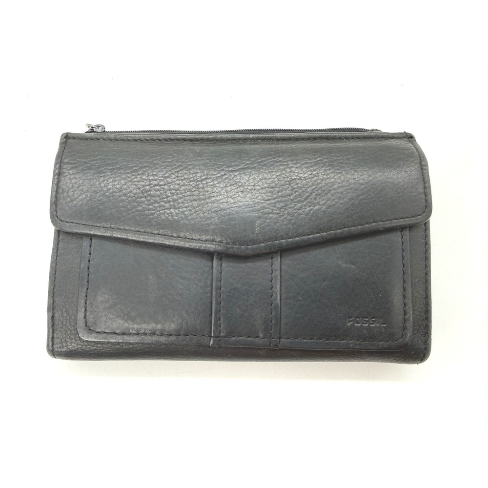Fossil Black Pebbled Leather Trifold Clutch Wallet with ID Window and Pen Loop